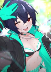Rule 34 | 1girl, absurdres, belt, black hair, black jacket, breasts, collarbone, dance on the galaxy (idolmaster), dog tags, gloves, green belt, green gloves, hair between eyes, hand up, highres, idolmaster, idolmaster shiny colors, jacket, midriff, morino rinze, navel, one eye closed, open mouth, red eyes, short shorts, shorts, small breasts, sweat, two-sided fabric, two-sided jacket, valefal coneri, white shorts