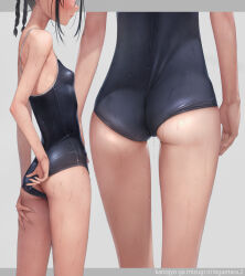 Rule 34 | 1girl, adjusting clothes, adjusting swimsuit, ass, bare shoulders, black one-piece swimsuit, breasts, competition school swimsuit, grey background, head out of frame, highres, medium hair, multiple views, murakami suigun, one-piece swimsuit, original, school swimsuit, simple background, small breasts, swimsuit, water drop, wet