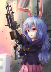 Rule 34 | 1girl, animal ears, apex legends, black jacket, blazer, blue hair, earclip, gradient sky, gun, hair between eyes, highres, holding, holding gun, holding weapon, jacket, long hair, long sleeves, looking at viewer, low twintails, mizunisabano, open mouth, outdoors, pink skirt, pleated skirt, rabbit ears, red eyes, seiran (touhou), skirt, sky, smoke, solo, touhou, twintails, weapon