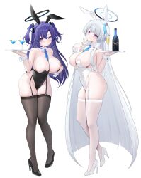 Rule 34 | 2girls, alcohol, alternate costume, animal ears, bare shoulders, between breasts, black footwear, black leotard, black thighhighs, blue archive, blue eyes, blue hair, blue necktie, breasts, champagne bottle, champagne flute, cleavage, closed mouth, commentary, covered navel, cup, detached collar, drinking glass, fake animal ears, fake tail, finger to own chin, from side, full body, halo, headgear, high heels, highres, holding, holding tray, large breasts, leotard, long hair, looking at viewer, mechanical halo, miko (royal milk), multiple girls, necktie, necktie between breasts, noa (blue archive), playboy bunny, purple eyes, rabbit ears, rabbit tail, shoes, sideboob, simple background, skindentation, smile, strapless, strapless leotard, tail, thighhighs, tray, two side up, undersized breast cup, very long hair, white background, white footwear, white hair, white halo, white leotard, white thighhighs, white wrist cuffs, wrist cuffs, yuuka (blue archive)