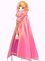 Rule 34 | 1girl, blonde hair, blue eyes, blush, bracer, circlet, cloak, commentary request, dress, feet out of frame, forehead jewel, gem, grey background, high collar, layered dress, long hair, miri (cherryjelly), nintendo, own hands together, parted bangs, pointy ears, princess zelda, red gemstone, simple background, solo, standing, super smash bros., the legend of zelda, the legend of zelda: a link between worlds, the legend of zelda: a link to the past, triangle, triforce