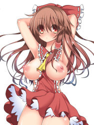 Rule 34 | 1girl, armpits, arms up, blush, breasts, breasts out, brown hair, hair tubes, hakurei reimu, highres, large breasts, long hair, meido yomi, nipples, puffy nipples, red eyes, solo, thighs, touhou