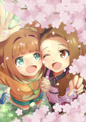 Rule 34 | 2girls, :d, ;d, brown eyes, brown hair, cherry blossoms, clover, dress, frog, green eyes, hashibuto, headband, holding hands, idolmaster, idolmaster (classic), jacket, leaf, minase iori, multiple girls, one eye closed, open mouth, orange hair, pinstripe pattern, shoes, skirt, smile, sneakers, striped, takatsuki yayoi, thighhighs, twintails, wallet