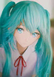 Rule 34 | 1girl, aqua eyes, aqua hair, bad id, bad pixiv id, blurry, blurry background, closed mouth, commentary, expressionless, hatsune miku, highres, long hair, looking at viewer, neck ribbon, ojay tkym, red ribbon, ribbon, shirt, short sleeves, signature, solo, twintails, very long hair, vocaloid, white shirt