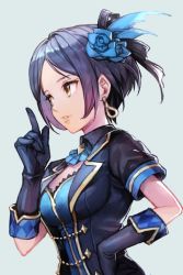 Rule 34 | 1girl, black ribbon, blue dress, blue gloves, blue hair, breasts, chain, dress, earrings, feather hair ornament, feathers, flower, gloves, hair flower, hair ornament, hair ribbon, hand on own hip, hayami kanade, hungry clicker, idolmaster, idolmaster cinderella girls, idolmaster cinderella girls starlight stage, index finger raised, jewelry, medium breasts, parted bangs, parted lips, ribbon, short hair, short sleeves, simple background, smile, solo, yellow eyes