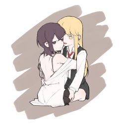 Rule 34 | 2girls, absurdres, asahina yuni, bare shoulders, black skirt, black vest, blonde hair, bra, brown bra, brown skirt, cheating (relationship), chinese commentary, closed mouth, commentary request, dress shirt, earrings, hand under clothes, hand under skirt, haoxiangkan nutong, highres, hug, invisible chair, jewelry, jitome, kyou wa kanojo ga inai kara, long hair, long sleeves, looking at viewer, medium hair, multiple girls, necktie, off shoulder, open bra, open clothes, open mouth, open shirt, pleated skirt, purple eyes, purple hair, red necktie, shirt, sidelocks, sitting, skirt, star (symbol), star earrings, taki fuuko, underwear, vest, white background, white shirt, yellow eyes, yuri