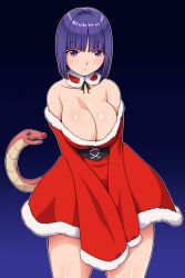 Rule 34 | 1girl, bare shoulders, blush, breasts, character request, christmas, cleavage, closed mouth, collarbone, corset, cowboy shot, detached collar, dress, frown, fur-trimmed dress, fur-trimmed sleeves, fur trim, futaba channel, gradient background, green ribbon, highres, kuma (kumahoihoi), large breasts, legs apart, long sleeves, nijiura maids, off-shoulder dress, off shoulder, purple eyes, purple hair, ribbon, santa costume, sleeves past fingers, sleeves past wrists, snake, snake head tail, standing, straight hair, tail, v arms