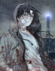 Rule 34 | 1boy, bad id, bad pixiv id, bandage on face, bandages, black hair, blood, blood on clothes, blood on face, blurry, blurry background, glasses, green jacket, grey eyes, hood, hooded jacket, jacket, looking at viewer, male focus, original, outdoors, rain, ronpu cooing, shirt, solo, standing, tower, white shirt