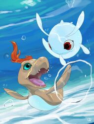 Rule 34 | blue eyes, digimon, digimon (creature), highres, looking at another, pitchmon, pukamon, red eyes, swimming, underwater