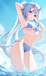 Rule 34 | 1girl, absurdres, arm behind head, arm up, armpits, bare arms, bikini, blue archive, blue hair, blue sky, blunt bangs, breasts, chise (blue archive), chise (swimsuit) (blue archive), cloud, cloudy sky, day, gradient hair, halo, halterneck, hand up, highres, horns, long hair, looking at viewer, medium breasts, multicolored hair, navel, oni horns, outdoors, parted lips, ponytail, rable, red eyes, skindentation, sky, solo, stomach, striped bikini, striped clothes, swimsuit, thighs, two-tone bikini, wading, water, water drop, white hair
