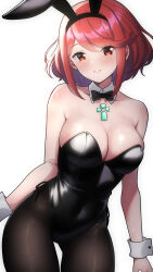 Rule 34 | 1girl, bare shoulders, blush, breasts, cleavage, highres, kwrrrrrr, large breasts, leggings, leotard, looking at viewer, pyra (xenoblade), rabbit ears, red eyes, red hair, short hair, solo, xenoblade chronicles (series), xenoblade chronicles 2