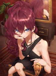 Rule 34 | 1girl, applepie (12711019), blue eyes, dress, hand on own face, highres, ichinose shiki, mirror, nail polish, red hair, solo