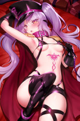 Rule 34 | 1girl, bare shoulders, bikini, black hat, blush, boots, breasts, cape, chain, collar, collarbone, epaulettes, euryale (fate), fate/hollow ataraxia, fate (series), gloves, greyscale, hat, highres, knee up, long hair, looking at viewer, lying, m-da s-tarou, micro bikini, monochrome, navel, on back, open mouth, peaked cap, riding crop, short shorts, shorts, slit pupils, small breasts, solo, stomach tattoo, swimsuit, tattoo, thigh boots, thighhighs, thighs, twintails, very long hair