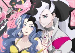 Rule 34 | 1boy, 1girl, absurdres, black hair, bracelet, breasts, cleavage, closed mouth, collarbone, commentary request, creatures (company), emil as, eyeshadow, game freak, gen 2 pokemon, gen 8 pokemon, gloves, green eyes, grey eyeshadow, hand up, heart, hetero, highres, holding hands, jacket, jewelry, karen (pokemon), long hair, makeup, medium breasts, microphone, microphone stand, multicolored hair, musical note, nintendo, obstagoon, piers (pokemon), pink background, pokemon, pokemon (creature), pokemon hgss, pokemon swsh, shirt, smile, two-tone hair, umbreon, white hair, yellow shirt