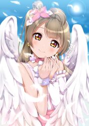Rule 34 | 1girl, angel, angel wings, blush, bokutachi wa hitotsu no hikari, brown eyes, brown hair, closed mouth, feathered wings, fingernails, flower, hair flower, hair ornament, highres, long hair, looking at viewer, love live!, love live! school idol project, minami kotori, official alternate costume, one side up, panda copt, single hair ring, sleeveless, smile, solo, white wings, wings
