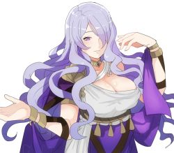 Rule 34 | 1girl, breasts, camilla (fire emblem), cleavage, commentary request, dancer, dancer (fire emblem: three houses), dress, fire emblem, fire emblem: three houses, hair over one eye, hand up, large breasts, long hair, looking at viewer, nintendo, parted lips, purple eyes, purple hair, rem (eyes 410), simple background, single-shoulder dress, solo, upper body, wavy hair, white background