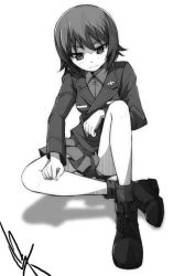 Rule 34 | 1girl, ankle boots, artist name, boots, closed mouth, commentary, dated, dress shirt, full body, girls und panzer, gofu, greyscale, insignia, jacket, kuromorimine military uniform, long sleeves, looking at viewer, military, military uniform, miniskirt, monochrome, nishizumi maho, pleated skirt, shadow, shirt, short hair, signature, sitting, skirt, smile, socks, solo, uniform, wing collar