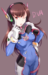 Rule 34 | 1girl, ;p, akanbe, bad id, bad pixiv id, bodysuit, breasts, brown background, brown hair, character name, covered navel, d.va (overwatch), eyelid pull, gloves, hand on own hip, highres, long hair, looking at viewer, medium breasts, one eye closed, overwatch, overwatch 1, pink eyes, shumai (sm318), simple background, solo, tongue, tongue out, white gloves