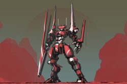 Rule 34 | cloud, dust, gun, highres, holding, holding gun, holding weapon, ksenolog, looking at viewer, mecha, no humans, open hand, original, red clouds, robot, solo, standing, weapon