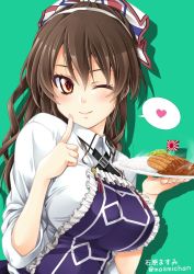 Rule 34 | 1girl, adapted costume, alternate hairstyle, apron, artist name, ashigara (kancolle), ashigara kai ni (kancolle), brown eyes, brown hair, collared shirt, curry, curry rice, finger to cheek, food, frilled apron, frills, green background, hair up, heart, high ponytail, highres, holding, holding plate, index finger raised, ishihara masumi, kantai collection, katsu (food), long hair, long sleeves, looking at viewer, mini flag, one eye closed, plate, ponytail, purple apron, rice, shirt, sidelocks, simple background, smile, solo, speech bubble, spoken heart, twitter username, upper body, wavy hair, white shirt