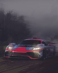 Rule 34 | andrew mytro, car, cloud, cloudy sky, glowing, highres, mercedes-amg one, mercedes-benz, motion blur, motor vehicle, no humans, official art, original, second-party source, sky, spoiler (automobile), sports car, tree, vehicle focus