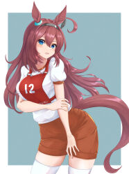 Rule 34 | 1girl, ahoge, animal ears, blue background, blue eyes, brown hair, brown shorts, character name, commentary, ear ornament, grey hairband, hairband, hand on own arm, head tilt, highres, horse ears, horse girl, horse tail, kemuri (etep3372), leaning to the side, long hair, looking at viewer, mihono bourbon (umamusume), open mouth, race bib, shirt, short sleeves, shorts, solo, standing, t-shirt, tail, thighhighs, translated, umamusume, white shirt, white thighhighs