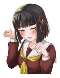 Rule 34 | 1girl, absurdres, blush, brown dress, clenched hands, commentary request, cropped torso, dress, flower knot, green eyes, hasu no sora school uniform, highres, link! like! love live!, long sleeves, looking down, love live!, momose ginko, neckerchief, open mouth, paw pose, ponyou1030, sailor collar, school uniform, short hair, solo, teeth, upper body, upper teeth only, virtual youtuber, white background, white sailor collar, winter uniform, yellow neckerchief