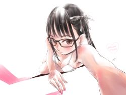Rule 34 | 1girl, bikini, black hair, breasts, brown eyes, character name, cleavage, foreshortening, glasses, highres, kowiru, long hair, looking at viewer, lying, on side, real life, selfie, small breasts, solo, swimsuit, white background, white bikini