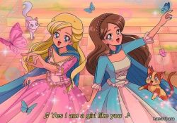 Rule 34 | 1990s (style), 2girls, animification, anneliese (barbie), barbie (character), barbie (franchise), barbie as the princess and the pauper, barbie movies, blonde hair, blue dress, blue eyes, braid, brenni murasaki, brick, brown hair, bug, butterfly, butterfly on hand, caption, cat, choker, cloak, corset, dress, erika (barbie), from above, insect, jewelry, long hair, medieval, multiple girls, music, necklace, pink dress, princess and the pauper, retro artstyle, singing, yuri