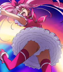 Rule 34 | 10s, 1girl, ^ ^, armpits, boots, bow, closed eyes, cure melody, closed eyes, from below, haruyama kazunori, houjou hibiki, jumping, magical girl, panties, pink hair, pink thighhighs, precure, solo, suite precure, thighhighs, twintails, underwear