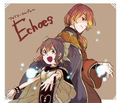 Rule 34 | 1boy, 1girl, armor, blonde hair, bracelet, breastplate, brother and sister, brown background, brown eyes, brown hair, cape, copyright name, delthea (fire emblem), fang, fire emblem, fire emblem echoes: shadows of valentia, hair over one eye, jewelry, long hair, low ponytail, luthier (fire emblem), multicolored hair, nintendo, open mouth, ponytail, red hair, siblings, simple background, two-tone hair, upper body