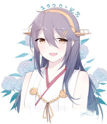 Rule 34 | 1girl, :d, bare shoulders, brown eyes, chinese commentary, commentary request, detached sleeves, grey hair, hair between eyes, hair ornament, hairclip, haruna (kancolle), headgear, ieufg, kantai collection, long hair, looking at viewer, open mouth, smile, translation request, upper body