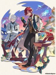 Rule 34 | 2boys, bishounen, black gloves, dragalia lost, full body, gift, glasses, gloves, green eyes, holding, holding gift, jacket, looking at viewer, male focus, multiple boys, nevin (dragalia lost), official art, pants, ramiel (dragalia lost), red eyes, scarf, short hair, sitting, smile, snowflakes, wavy hair, white hair, white jacket, white pants, white scarf