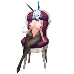 Rule 34 | 1girl, animal ears, blue hair, bow, bowtie, breasts, brown pantyhose, chair, cleavage, crossed legs, detached collar, full body, hair between eyes, heart maebari, high heels, highres, huge breasts, ice, last origin, leotard, light blue hair, maebari, meme attire, navel, official art, pantyhose, pasties, playboy bunny, rabbit ears, red eyes, reverse bunnysuit, reverse outfit, sitting, snowball22, solo, tachi-e, titania frost, transparent background, wrist cuffs