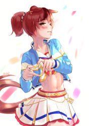 Rule 34 | 1girl, absurdres, animal ears, arcsuz, artist name, belt, blue jacket, blush, brown hair, confetti, crop top, ears down, grey eyes, heart, heart hands, highres, horse ears, horse girl, horse tail, jacket, layered skirt, long sleeves, looking at viewer, midriff, multicolored hair, nail polish, navel, nice nature (run&amp;win) (umamusume), nice nature (umamusume), open clothes, open jacket, parted lips, ponytail, sailor collar, shirt, short hair, simple background, skirt, solo, streaked hair, sweat, tail, teeth, umamusume, upper body, white background, white shirt, white skirt, yellow nails