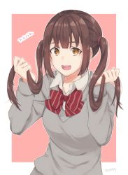 Rule 34 | 1girl, :d, absurdres, brown eyes, brown hair, highres, holding, holding own hair, long hair, looking at viewer, open mouth, original, pink background, red neckwear, school uniform, smile, solo, standing, twintails, twintails day, twitter username, yupinaccho