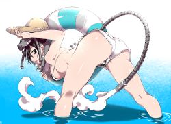 Rule 34 | 1girl, arizuka (catacombe), ass, bent over, bikini, black eyes, black hair, breasts, hat, highres, innertube, looking back, mechanical tail, original, partially submerged, shorts, solo, straw hat, striped bikini, striped clothes, swim ring, swimsuit, tail, underboob, wading, water