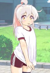 Rule 34 | 1girl, ahoge, bench, bright pupils, closed mouth, clothes pull, colored inner hair, day, double vertical stripe, genderswap, genderswap (mtf), grass, grey hair, gym shirt, gym shorts, hair between eyes, highres, long hair, mizumori keiichi, multicolored eyes, multicolored hair, onii-chan wa oshimai!, orange eyes, outdoors, oyama mahiro, pink hair, pink pupils, pulling own clothes, red eyes, red shorts, shirt, shirt pull, short sleeves, shorts, smile, solo, standing, tongue, tongue out, two-tone hair, white shirt, yellow eyes