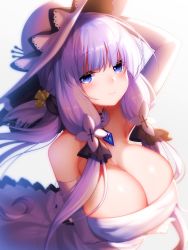 Rule 34 | 1girl, arm up, armpits, azur lane, bare shoulders, bell, blue eyes, blunt bangs, blush, breast hold, breasts, cleavage, closed mouth, commentary, cross, detached collar, dress, elbow gloves, eyes visible through hair, floating hair, flower, frilled hat, frills, gem, gloves, hair bell, hair flower, hair ornament, hair over shoulder, hair ribbon, hand on headwear, hat, hat ornament, highres, huge breasts, illustrious (azur lane), jewelry, lace, lace-trimmed collar, lace-trimmed headwear, lace trim, long hair, looking at viewer, mofuaki, mole, mole under eye, pendant, purple hair, raised eyebrows, ribbon, sidelocks, skindentation, smile, solo, strapless, strapless dress, sun hat, sunlight, tareme, tri tails, upper body, white background, white dress, white gloves, wind