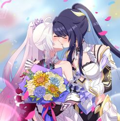 Rule 34 | 2girls, ahoge, armor, bare shoulders, black flower, blue flower, blush, bouquet, breasts, closed eyes, closed mouth, collarbone, colored inner hair, commentary, couple, crown, earrings, english commentary, falling petals, flower, hair flower, hair ornament, hand on another&#039;s arm, hand on another&#039;s shoulder, height difference, highres, holding, holding bouquet, honkai (series), honkai impact 3rd, jewelry, kiana kaslana, kiana kaslana (herrscher of finality), kiss, kudayunii, long hair, medium breasts, multicolored hair, multiple girls, petals, raiden mei, raiden mei (herrscher of origin), sunflower, sunflower hair ornament, upper body, white armor, white flower, white hair, yellow pansy (flower knight girl), yuri