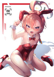 Rule 34 | 1girl, ahoge, animal ears, bandaid, bandaid on leg, bare legs, blue archive, bow, bowtie, braid, breasts, covered navel, detached collar, fake animal ears, halo, high heels, highres, kuromu (96-94), leotard, mole, mole under each eye, mole under eye, multiple moles, nail polish, neru (blue archive), neru (bunny) (blue archive), pantyhose, pink hair, playboy bunny, rabbit ears, rabbit tail, red bow, red bowtie, red eyes, red footwear, red leotard, shoes, short hair, single shoe, sitting, small breasts, solo, strapless, strapless leotard, tail, traditional bowtie, unworn shoe, unworn shoes, wariza, white background, wrist cuffs