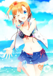 Rule 34 | 10s, 1girl, ;d, barefoot, bikini, blue eyes, blue sky, bracelet, cloud, collarbone, day, flower, hair flower, hair ornament, hibiscus, highres, jewelry, konase (non stop!), kosaka honoka, looking at viewer, love live!, love live! school idol festival, love live! school idol project, navel, one eye closed, open mouth, orange hair, outdoors, outstretched hand, side ponytail, sky, smile, solo, star (symbol), star print, swimsuit, water