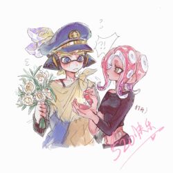 Rule 34 | !?, 1boy, 1girl, agent 3 (splatoon), agent 8 (splatoon), asymmetrical sleeves, black shirt, blonde hair, blue eyes, bouquet, chinese commentary, closed mouth, collarbone, flower, flying sweatdrops, frown, hat, headgear, highres, holding, holding bouquet, inkling, inkling boy, inkling player character, jewelry, multicolored hair, navel, nintendo, octoling, octoling girl, octoling player character, orange eyes, patchwork clothes, peaked cap, ponytail, purple hair, red hair, ring, shirt, simple background, splatoon (series), splatoon 3, suction cups, tentacle hair, thenintlichen96, two-tone hair, uneven sleeves, wedding ring, white background, white flower