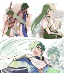 Rule 34 | 2boys, 2girls, armor, book, breastplate, cape, ced (fire emblem), commentary request, erinys (fire emblem), father and daughter, father and son, fee (fire emblem), fire emblem, fire emblem: genealogy of the holy war, green eyes, green hair, hair over one eye, headband, highres, holding, holding book, husband and wife, lewyn (fire emblem), long hair, looking at viewer, magic, mother and daughter, mother and son, multiple boys, multiple girls, nintendo, one eye covered, open mouth, pauldrons, polearm, s1wa 3, scarf, short hair, shoulder armor, sitting, smile, spear, striped clothes, striped scarf, weapon, white cape, white headband, white scarf, wind
