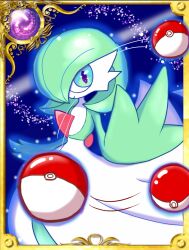Rule 34 | 1girl, alternate eye color, aura, blue background, blue eyes, bob cut, border, closed mouth, colored skin, creatures (company), female focus, flat chest, floating, floating object, foreshortening, game freak, gardevoir, gem, gen 3 pokemon, green eyes, green hair, green skin, hair over one eye, hand up, happy, looking at viewer, monya, motion lines, multicolored eyes, multicolored skin, nintendo, one eye covered, ornate border, outside border, poke ball, poke ball (basic), pokemon, pokemon (creature), purple gemstone, short hair, smile, solo, standing, telekinesis, two-tone skin, white skin, yellow border
