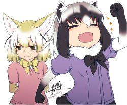 Rule 34 | 10s, 2girls, animal ear fluff, animal ears, arms behind back, blonde hair, blush, bow, bowtie, commentary request, common raccoon (kemono friends), elbow gloves, closed eyes, fennec (kemono friends), fox ears, fur collar, gloves, grey hair, hand up, kemono friends, multicolored hair, multiple girls, nmz (namazu), open mouth, pleated skirt, puffy short sleeves, puffy sleeves, raccoon ears, short hair, short sleeves, skirt, smile, upper body