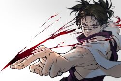 Rule 34 | 1boy, absurdres, arm up, black eyes, black hair, blood, choso (jujutsu kaisen), closed mouth, cowboy shot, facial tattoo, fighting stance, frown, highres, jujutsu kaisen, l everbloom, looking at viewer, male focus, purple vest, robe, short hair, short twintails, solo, standing, tattoo, twintails, v-shaped eyebrows, vest, white background, white robe, wide sleeves
