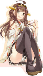 Rule 34 | 10s, 1girl, :d, bare shoulders, black thighhighs, blouse, boots, brown hair, cup, detached sleeves, double bun, female focus, hair bun, hair ornament, hairband, headgear, japanese clothes, kantai collection, kongou (kancolle), long hair, looking at viewer, nontraditional miko, open mouth, panties, pantyshot, shijima (sjmr02), shirt, skirt, smile, solo, teacup, thigh boots, thighhighs, underwear, upskirt, white panties