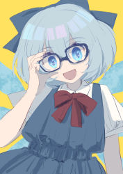 Rule 34 | 1girl, absurdres, blue bow, blue dress, blue eyes, blue hair, blush, bow, bowtie, cirno, collar, dress, glasses, hair between eyes, hand up, highres, ice, ice wings, open mouth, red bow, red bowtie, shirt, shocho (shaojiujiu), short hair, short sleeves, simple background, smile, solo, touhou, white shirt, wings, yellow background