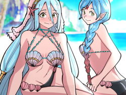 Rule 34 | 2girls, ass, azura (fire emblem), bare shoulders, blue hair, blurry, blurry background, blush, braid, breasts, cleavage, closed mouth, collarbone, fire emblem, fire emblem fates, groin, hair between eyes, light blue hair, lilith (fire emblem), long hair, medium breasts, mnejing30, multiple girls, navel, nintendo, pointy ears, red hair, seashell, shell, shell bikini, sitting, small breasts, smile, split mouth, veil, very long hair